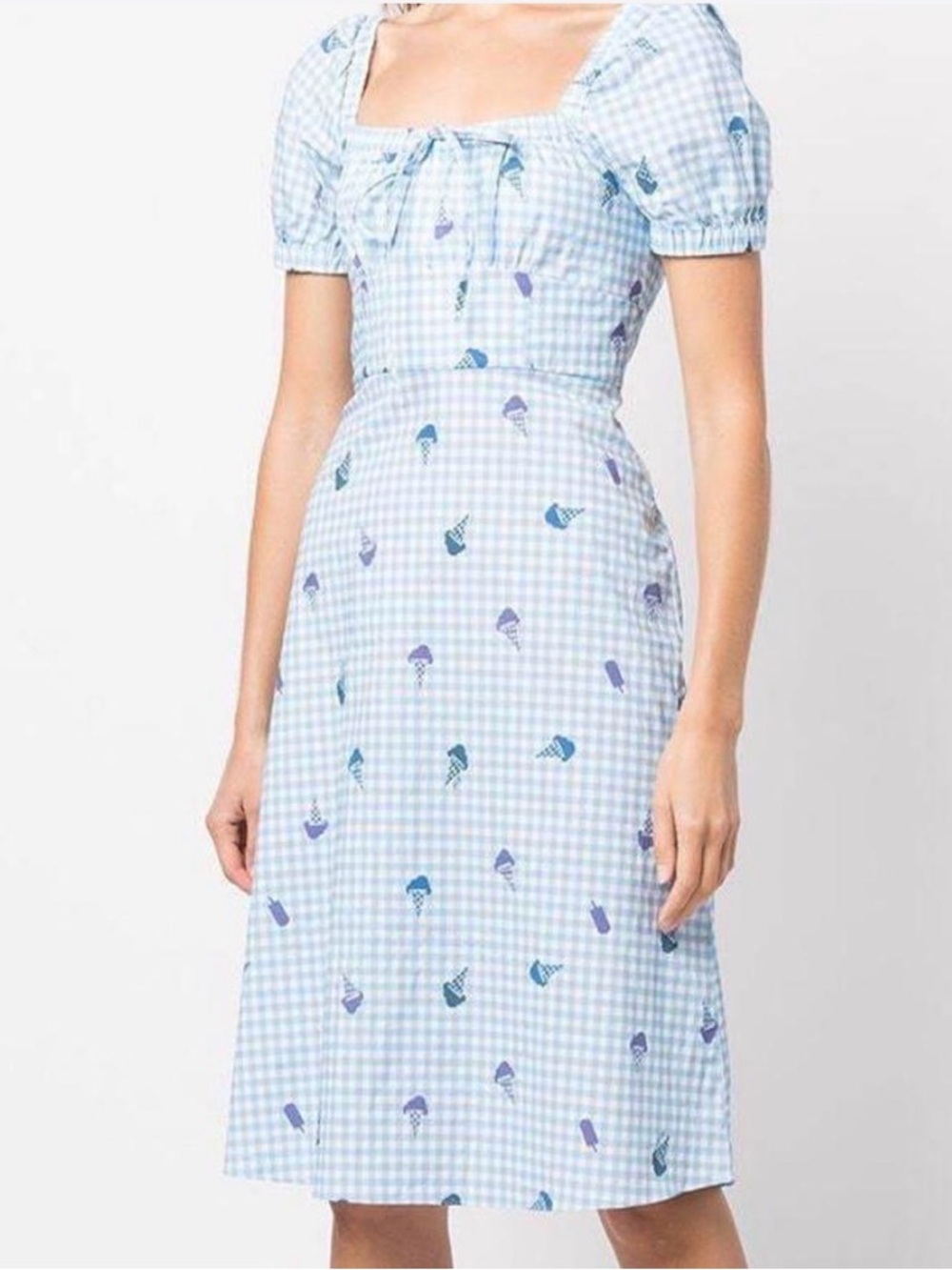 NWT HVN Holland Bow Tie Cotton Midi Dress  Ice Cream Blue & White Gingham Size 8